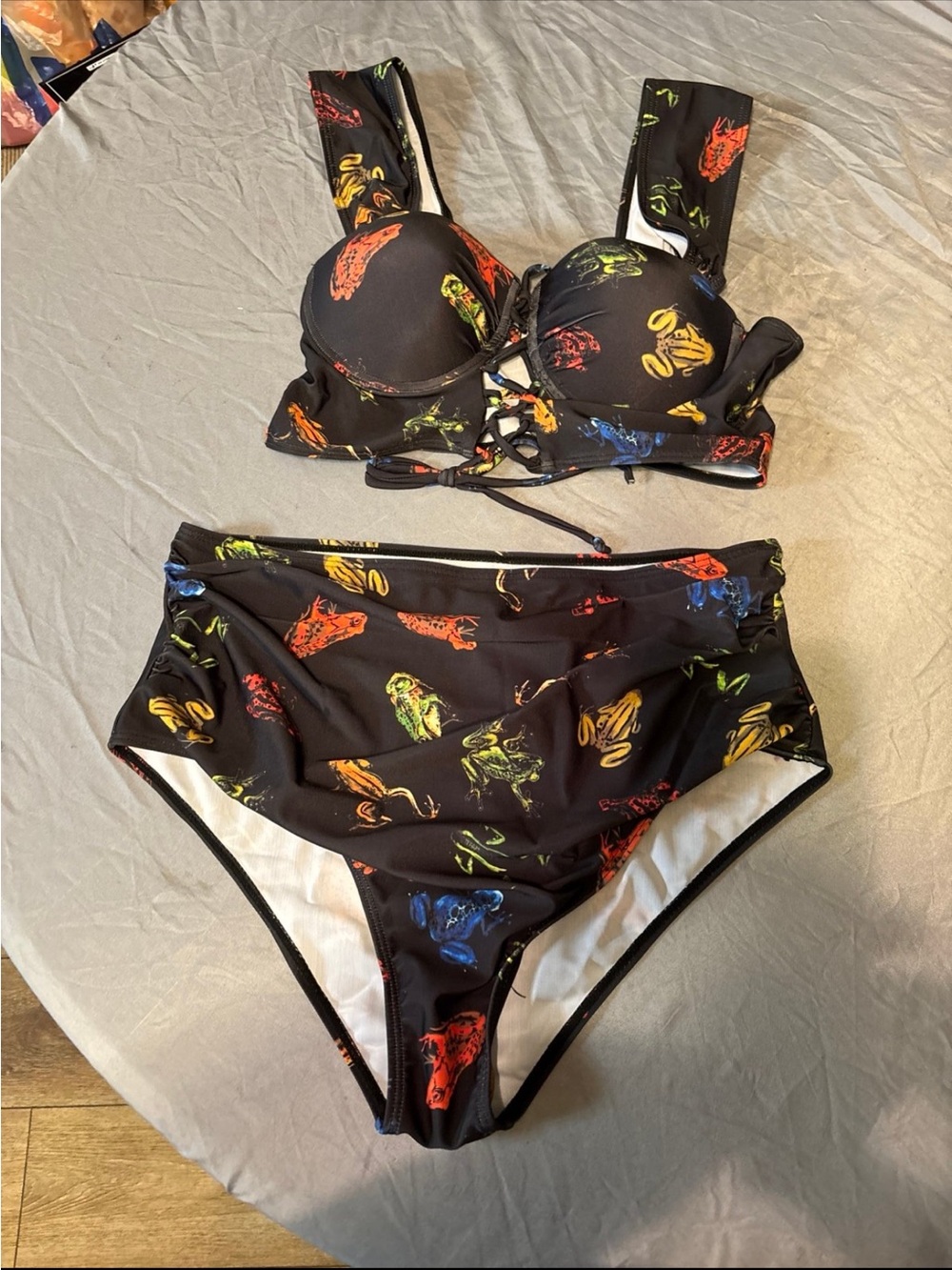 Black High-Waist Bikini Set with Multicolor Print